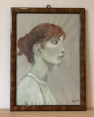 PORTRAIT YOUNG WOMAN WOMAN RED HAIR PEARL NECKLACE MODERN ART WATERCOLOUR 70s 80s