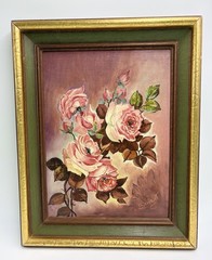 Antique Oil Painting On Board Pink Roses Signed Framed Wall Art Still Life 15X12