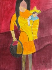 Mother Holidng a Baby and a Basket Inspired by Louis Toffoli