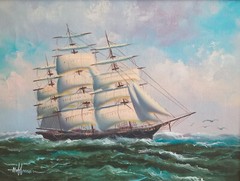 Hoffman Framed Oil Painting On Canvas Frigate Ship Nautical Seascape Fine Art