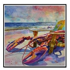 Watercolor Painting of a Lobster Relaxing in a Beach Chair by the Ocean Shore