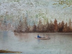 Antique 19th C Landscape with Lake Boat Country Lane with Figure Trees 17 X 24″