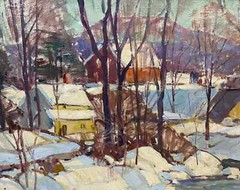 Carl Peters Winter Landscape Oil Painting, Sunlit Snow Banks with Creek & Houses