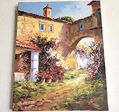 Mediterranean House Garden Bell Tower Italy Oil Painting Artist Signed Original