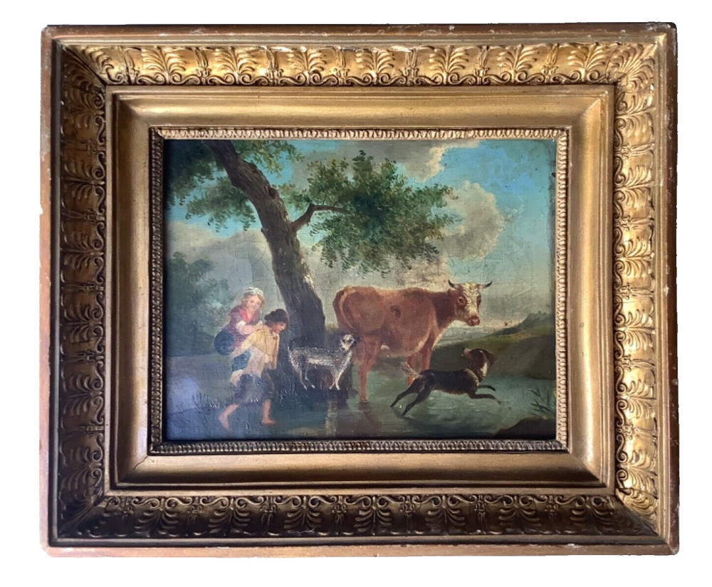 18th Century Paul and Virginia Cow Dog Stream Landscape Blue Sky French Oil