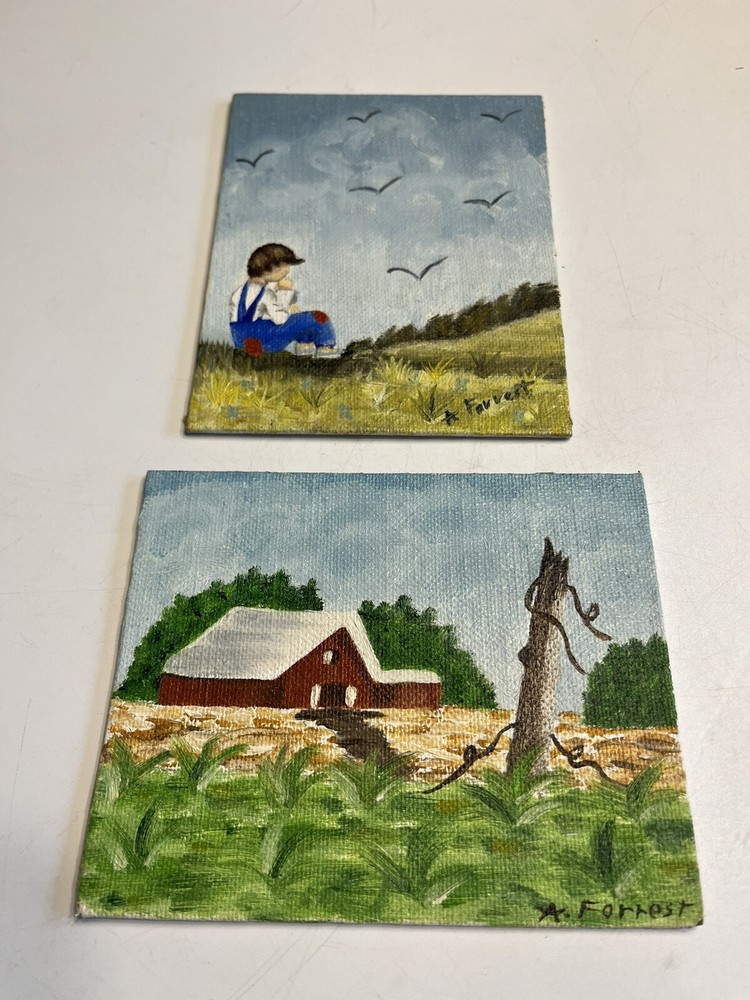 2 Miniature Hand Painted Canvas Pictures Barn Child Sitting In Field Ann Forrest