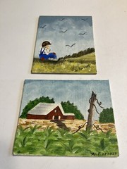 2 Miniature Hand Painted Canvas Pictures Barn Child Sitting In Field Ann Forrest