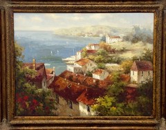 Marvelous Oil on Canvas The Mediterranean Scenery Painting On Gold Wooden Framed