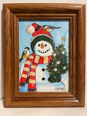 5 x 7 Framed Acrylic Painting on Canvas Board…..“Snowman and Tree“