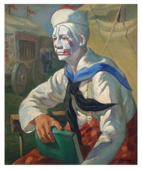 Signed Original 1940-50s Portrait Painting – Young Sailor Clown