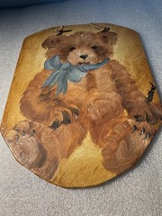 Loveable Teddy Bear On Slate Blue Bow Signed Heistand.