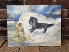 Vintage Original Oil Painting Horse Clouds Heaven Sky Woman Goddess 90’s Blue