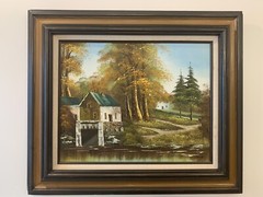 Original Oil painting, Signed, Fall River Landscape, Old Grist Mill 18th Century