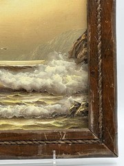 Antique Oil Seascape Painting Signed C. Rownay in Rustic Rope Wood Frame 12.5×10