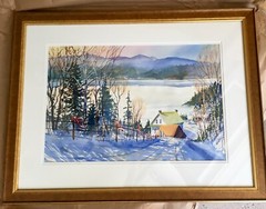 EXQUISITE QUEBEC WINTER LANDSCAPE – LARGE WATERCOLOR “ by L. Légaré