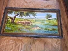 TEXAS ARTIST Vtg. Texas Bluebonnets Wagon Landscape Oil Painting Signed JE DON