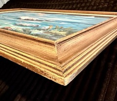 V. Lund – Oil Canvas Framed Painting – 32×44 (Sea, Ocean, Waves, Clouds, Rocks)