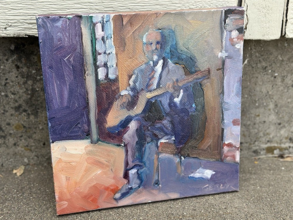 Jim Gerlitz Original Oil Painting Guitartist Musician Signed Seattle PNW 12×12”