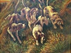 Hunting Dogs Tracking Game over Terrain w/ Red Sky Oil on Canvas Gold Gilt Frame