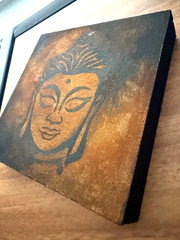 Small Art Contemporary Abstract Buddha Painting on Wood Panel Shelf Sitter