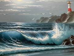 Oil Painting 24×36″ Ocean waves falling under night sky, lighthouse, seagulls