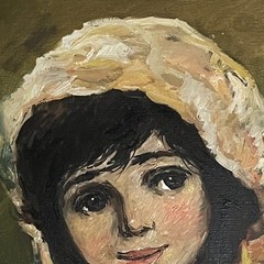 Salvadore Cabrera Girl Big Eyes Vintage Oil Painting Portrait Bonnet Signed 1978