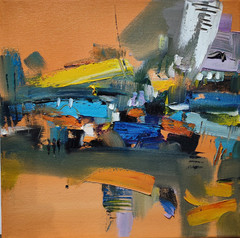 Original oil painting, Abstraction, Landscape, Comtemporary art, City, Orange