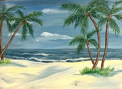 Vintage ORIGINAL Coastal Beach Palms Large Tropical Tray Board Painting SIGNED