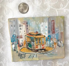 Vintage Albert Tolf San Francisco Cable Car Woolworths Painting – Oil on Canvas