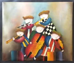VTG Original Reproduction Painting Oil on Canvas~J Roybal Whimsical Kids~23”x19”
