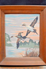 LOT OF 2 Vintage Orig. MCM Signed Paint by Number Paintings Ducks, Costal Scenes