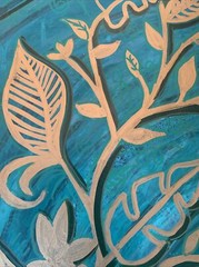 Golden Leaves & Dark Green Abstract Mandala Pattern Painting On Paper Moody