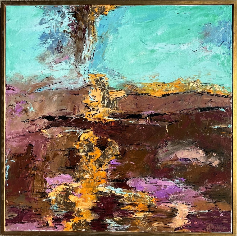 ABSTRACT MODERNIST LANDSCAPE PAINTING W/ GOLD LEAF SIGNED DIANA MULDER? 24″