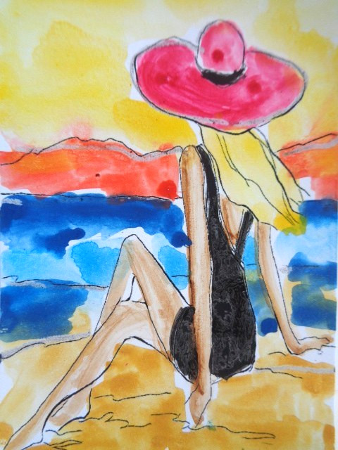 ACEO Women In Art – AT THE BEACH SUNSET Painting ART