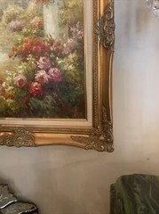 Beautiful European garden scene oil on canvas Framed￼ 27 1/2 “wide￼ 31 1/4 Tall