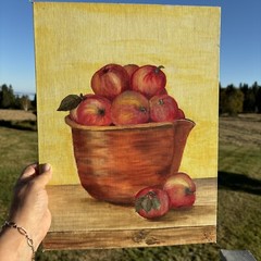 Vintage Still Life Painting Bushel of Red Apples Artist Signed 1978 Canvas Board