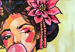 Original Acrylic Painting 14X11 Signed Canvas Art, Pop Art Portrait of Geisha