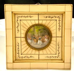 VTG MINIATURE FIELD SCENE ROUND PAINTING, BRASS, IVORINE/GLASS FRAMED, c1910 g