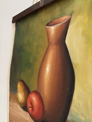 Vintage Oil Painting Art Floral Still Life Pottery Fruit Signed Zorini 12×15