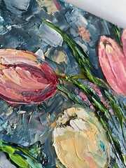 ORIGINAL OIL Painting TULIPS IN VASE impasto 14″x 11″ by Olga Diduh.