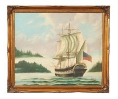 ANTIQUE OIL PAINTING OF THE SEASCAPE SIGNED T.STORY FRAMED 23 1/4 x 27 1/2 INCH