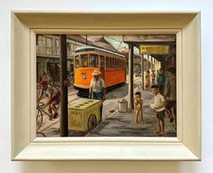 Fortunato Jervoso -Busy Manila City Scene w/ Streetcar & Figures circa 1940s/50s