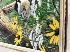 Vintage Chickadee Acrylic Painting Framed Vintage Bird Art Meadow Landscape 21”