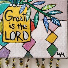 Folk Art ORIGINAL Bible Scripture Great LORD Psalm Flower Vase Pot Floral Beads