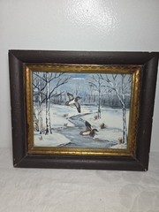 Beautiful Vintage Watercolor Painting Winter Landscape With Ducks