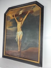 Very Large Antique Painting Oil on Wooden panel Crucifixion after Antoon Van Dyc