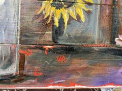 Artist Signed JO Floral Still Life Landscape Oil Painting Sunflowers Flowers Art