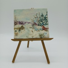 Vintage Miniature Winter Landscape Oil Painting on Wood and Wood Easel