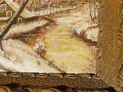 ORIGINAL 19th Century Oil on Canvas RIVER CABIN Signed GEO. Period Gesso Frame