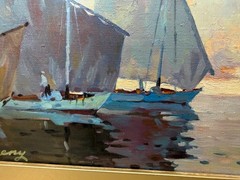 Vintage original Evgeny Expressionism nautical sail boat oil painting on canvas